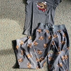 AEROPOSTALE Monkey Pajama PJ’s Pants and T-Shirt Set Y2K Vintage Christmas Med